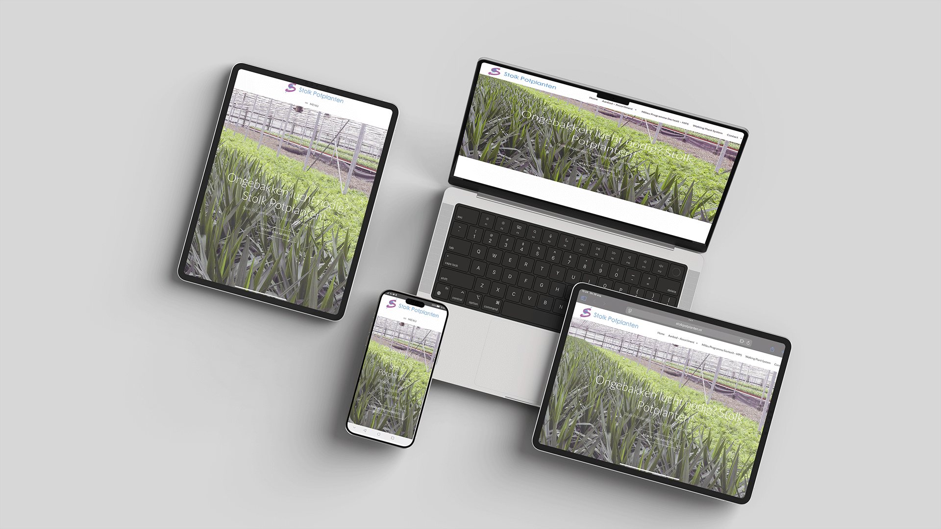 Responsive website of Stolk Potplanten ’s‑Gravenzande shown on MacBook, iPhone and iPads.